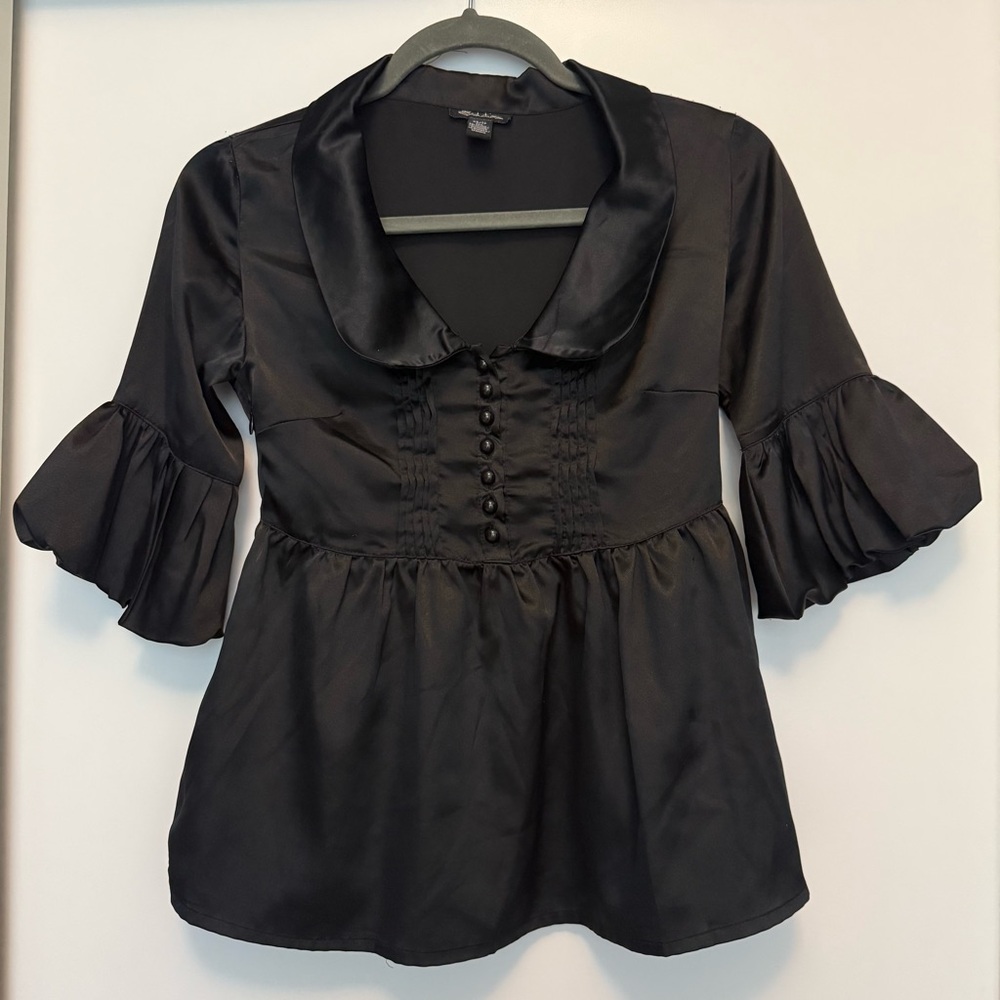 Black Satin Ruffle Top with Bouffant Sleves NWOT